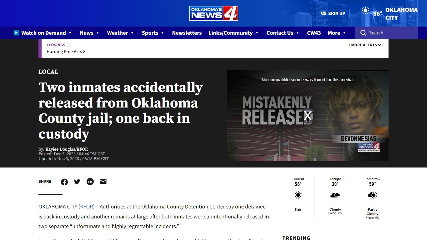 Two inmates accidentally released from Oklahoma County jail; one back ...